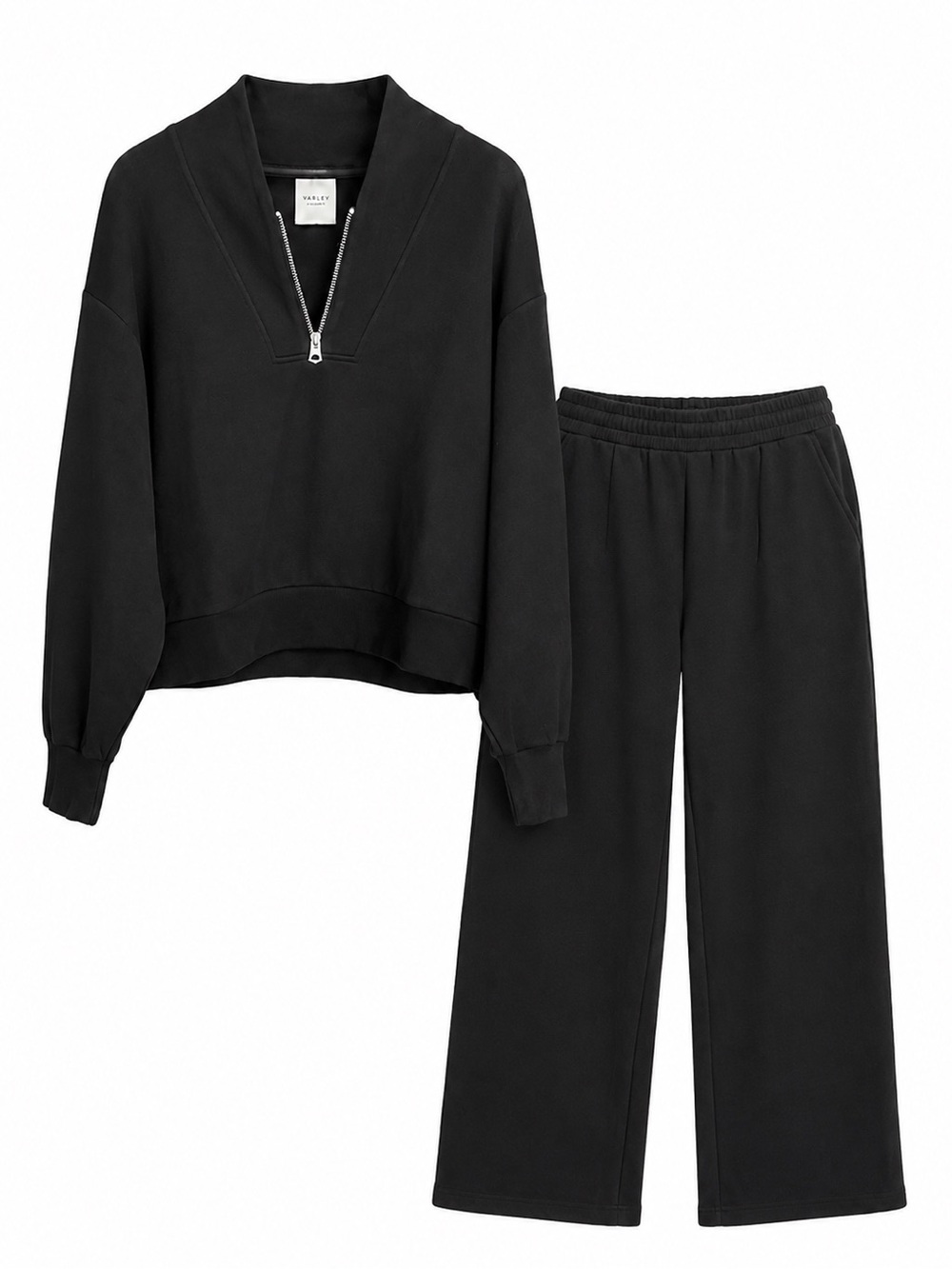 Varley DoubleSoft Davidson Half Zip Extra Wide Leg Pant 2pc Lounge Set Black M